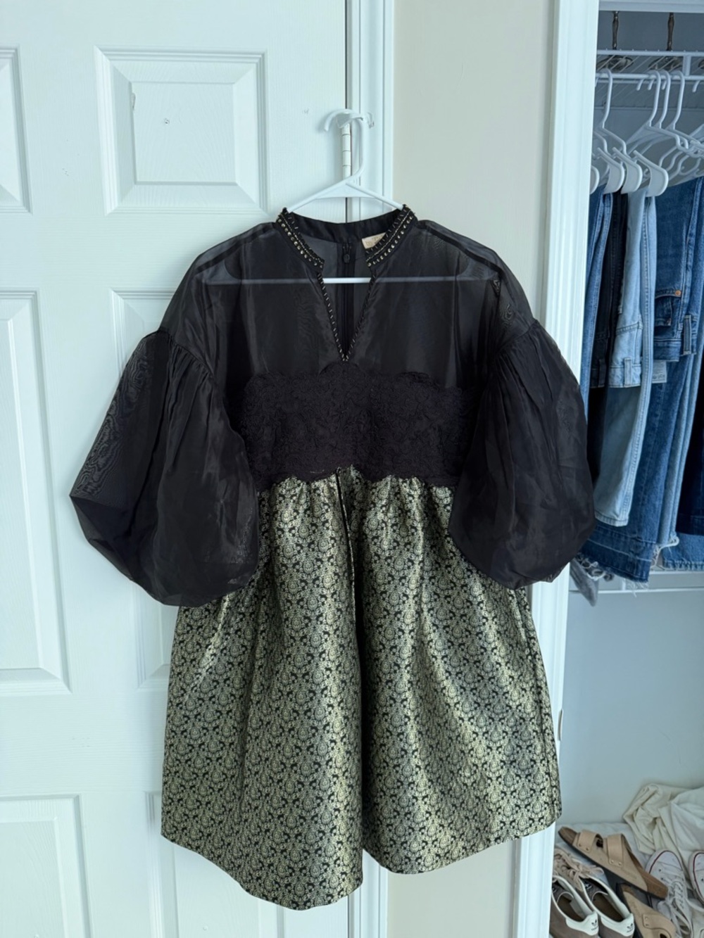 Black & Gold Mini Dress with Sheer Puff Sleeves